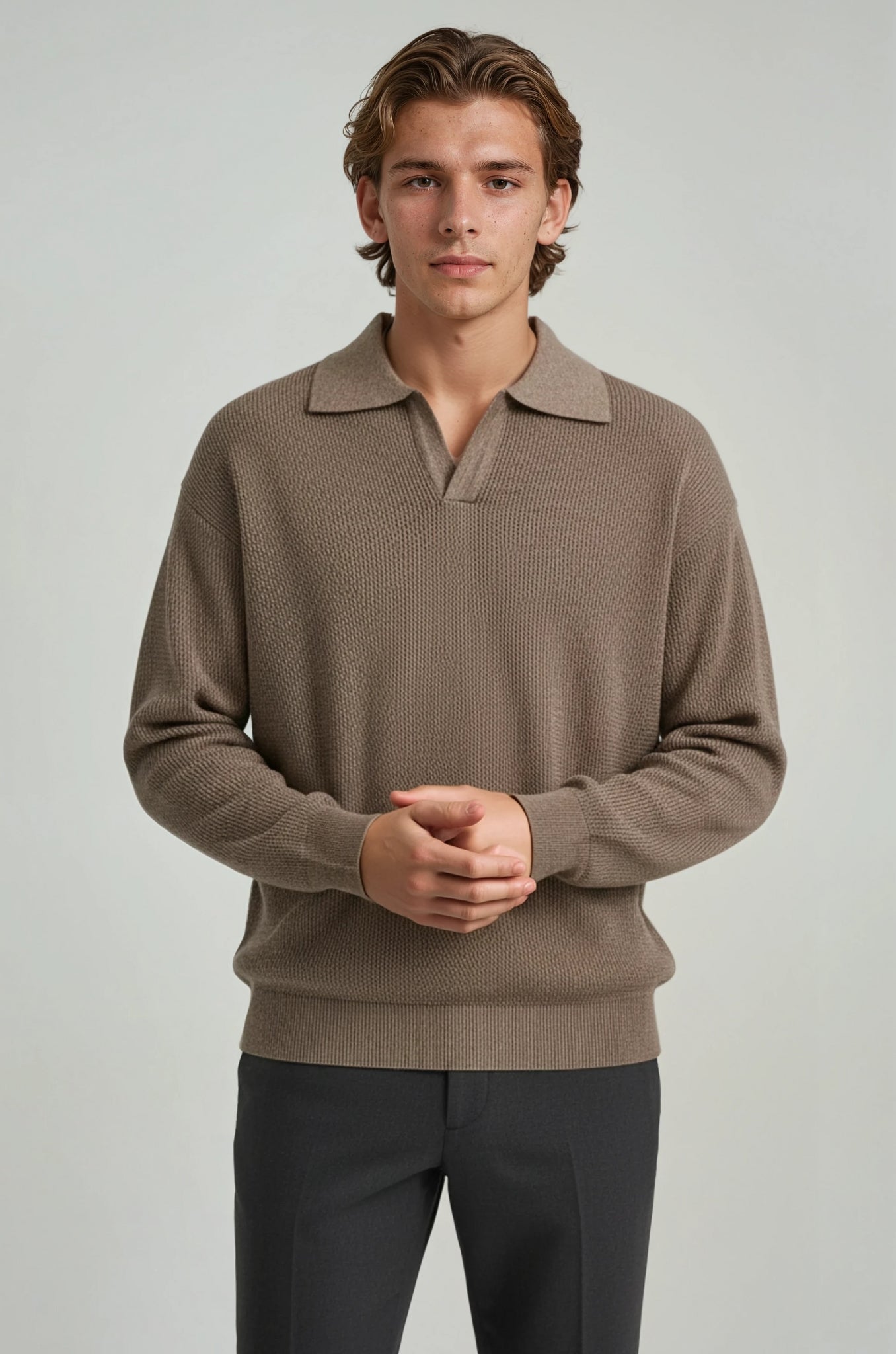 Men's Long Sleeve Knit Shirt met Lapel Collar