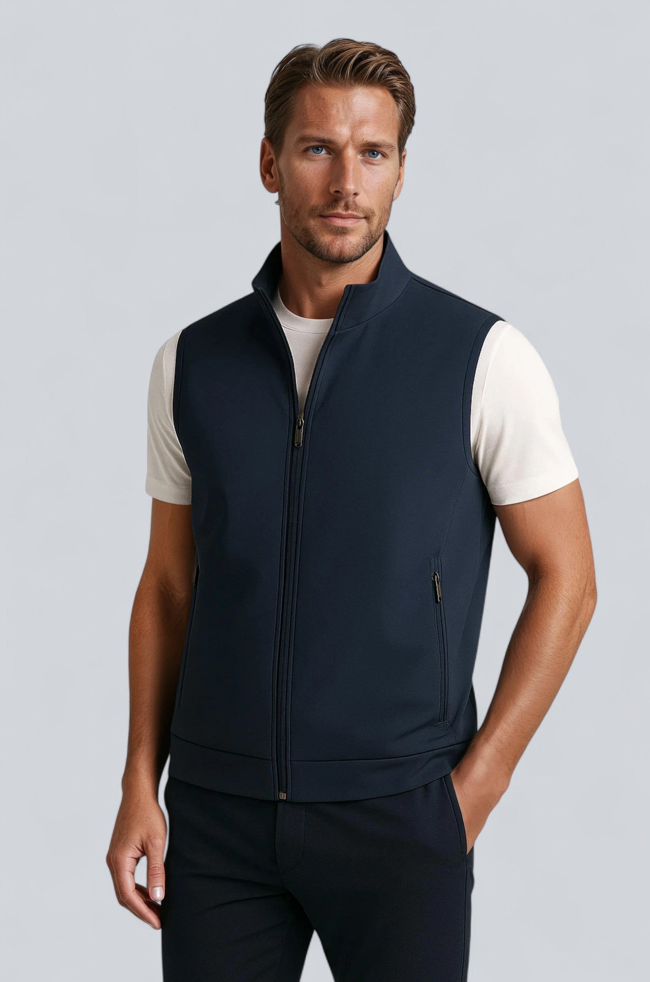 Casual Staande Collar Vest met Zip - Navy Blue