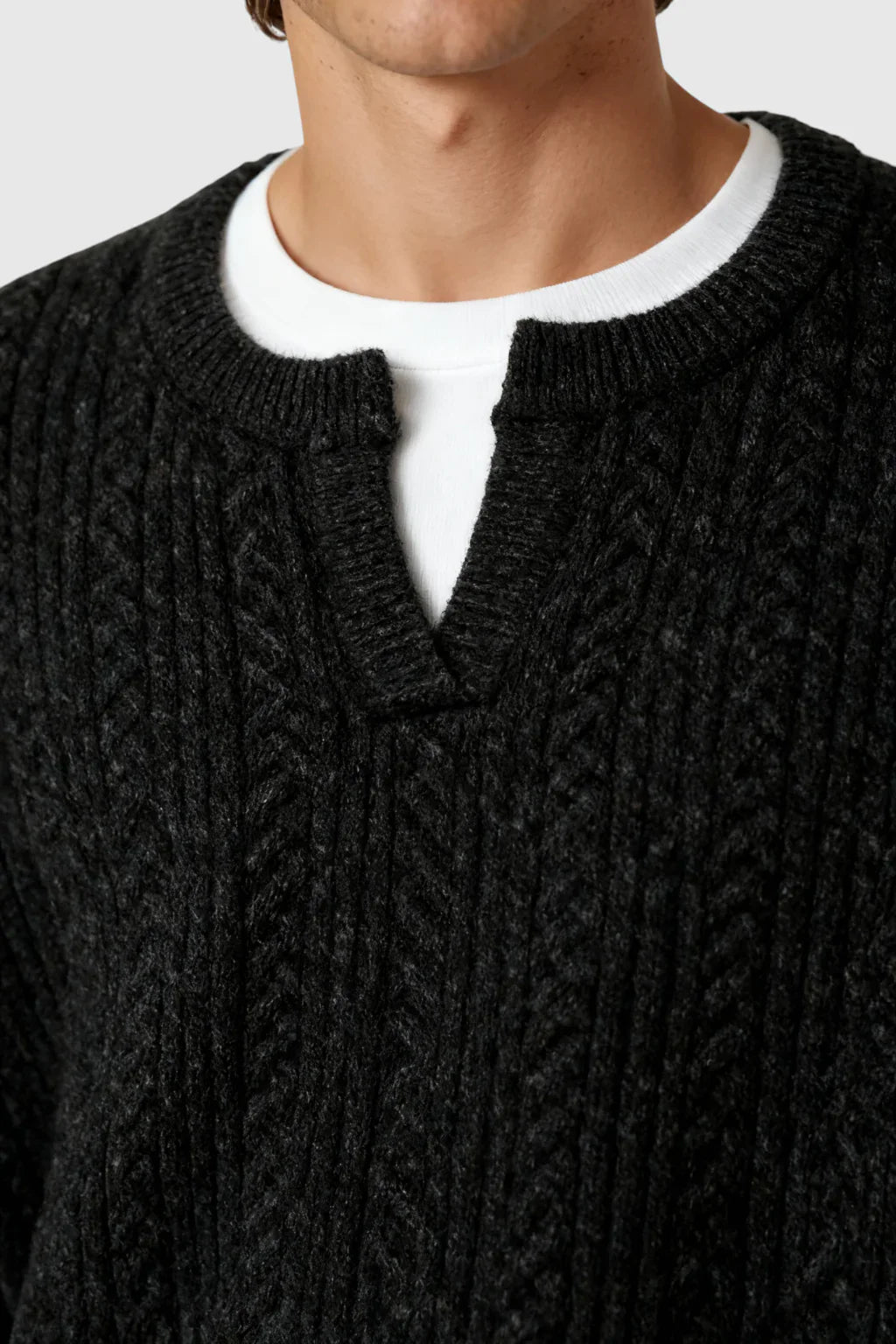 Men's Cable Knit Sweater met Klein V-Hals - Black
