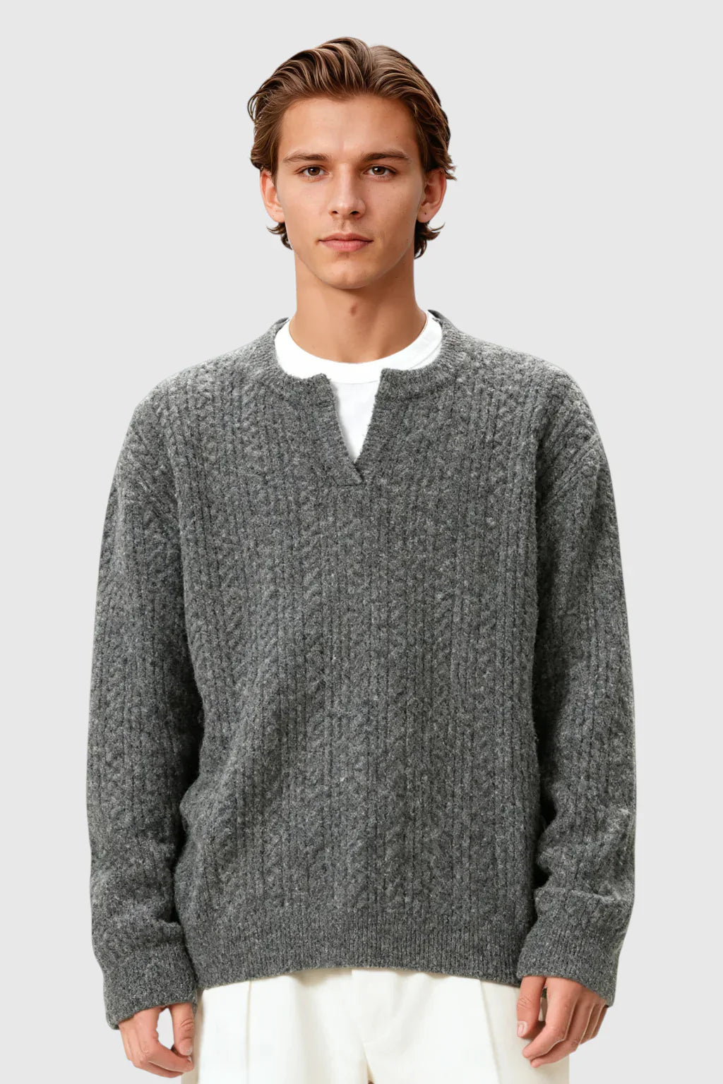 Men's Cable Knit Sweater met Klein V-Hals - Grey
