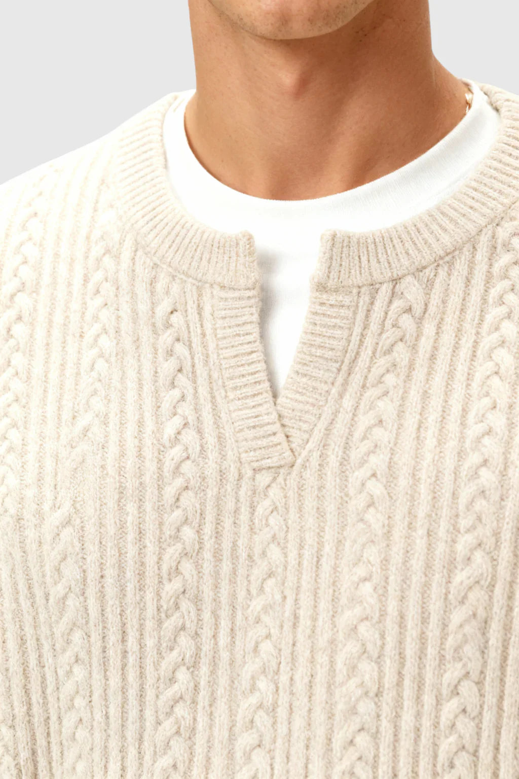 Men's Cable Knit Sweater met Klein V-Hals - Oatmeal