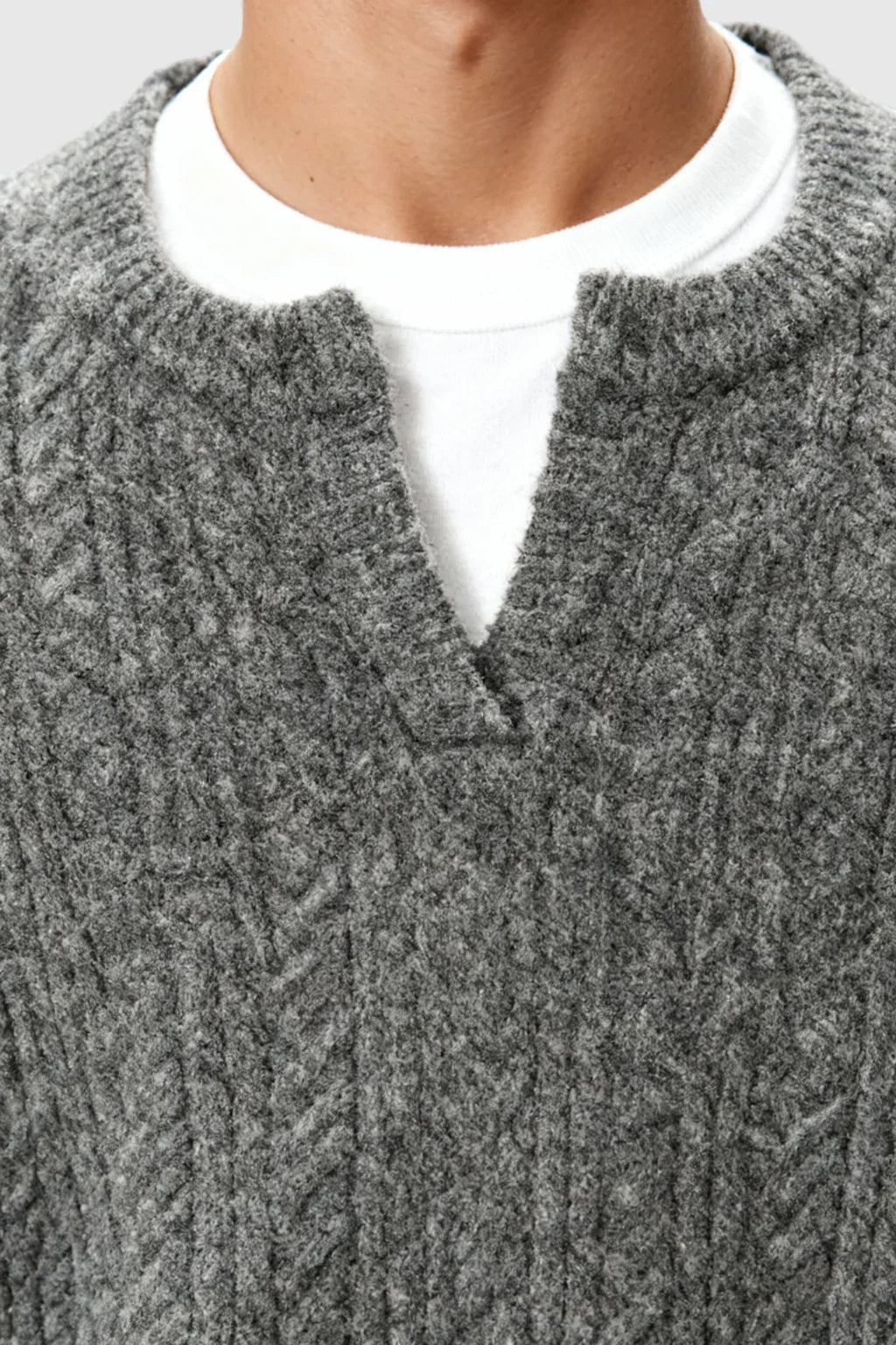 Men's Cable Knit Sweater met Klein V-Hals - Grey