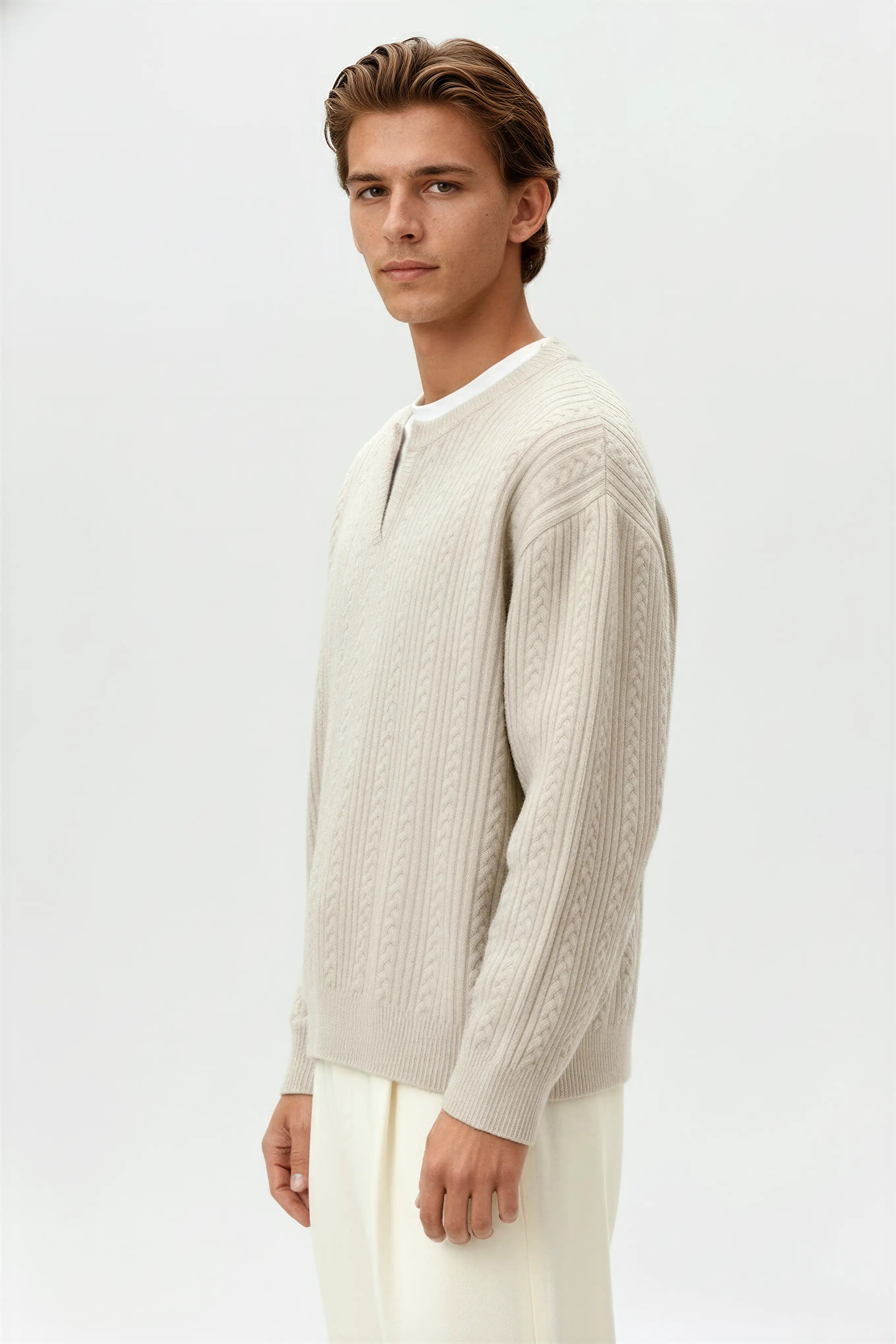 Men's Cable Knit Sweater met Klein V-Hals - Oatmeal