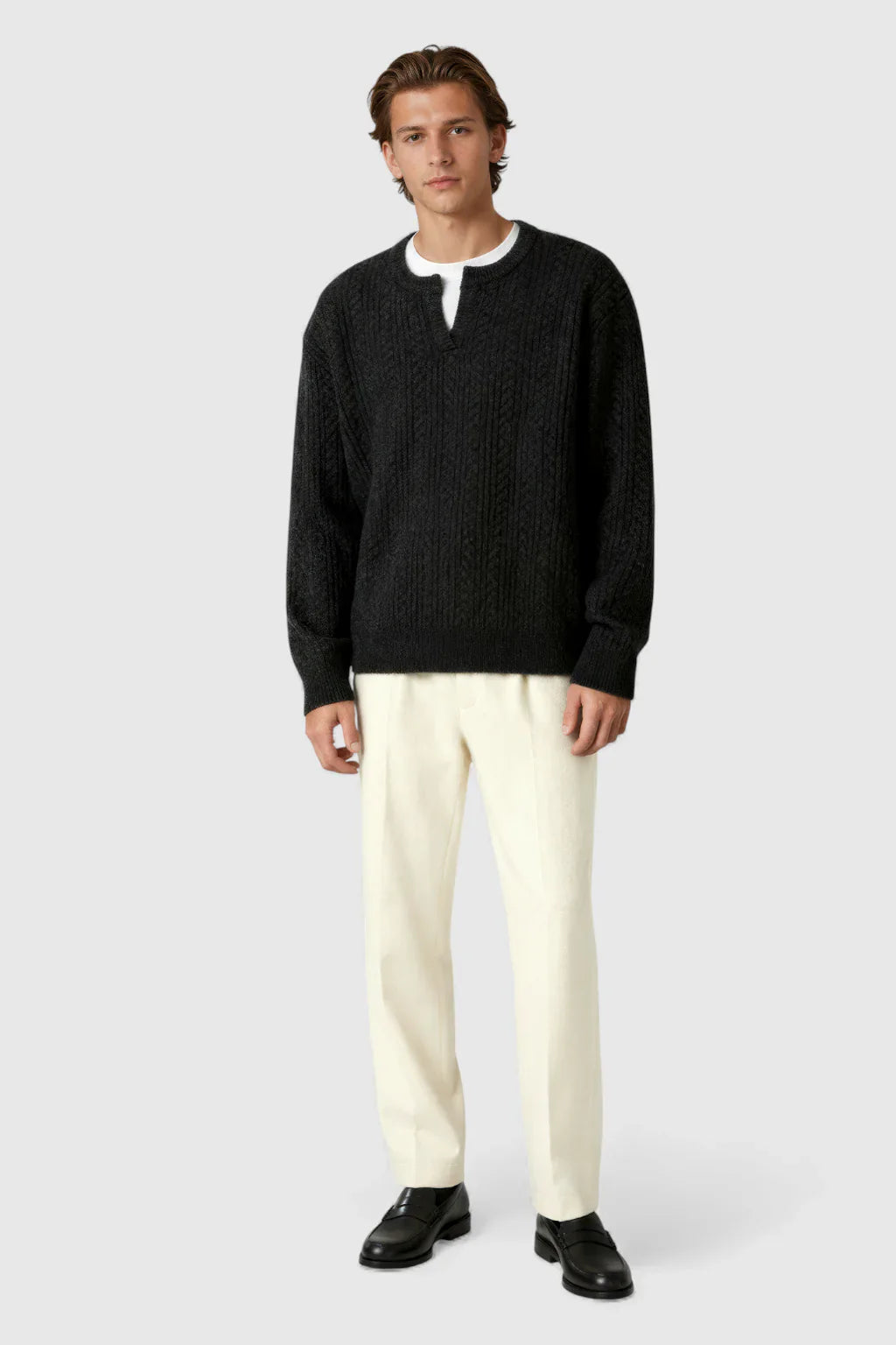 Men's Cable Knit Sweater met Klein V-Hals - Black