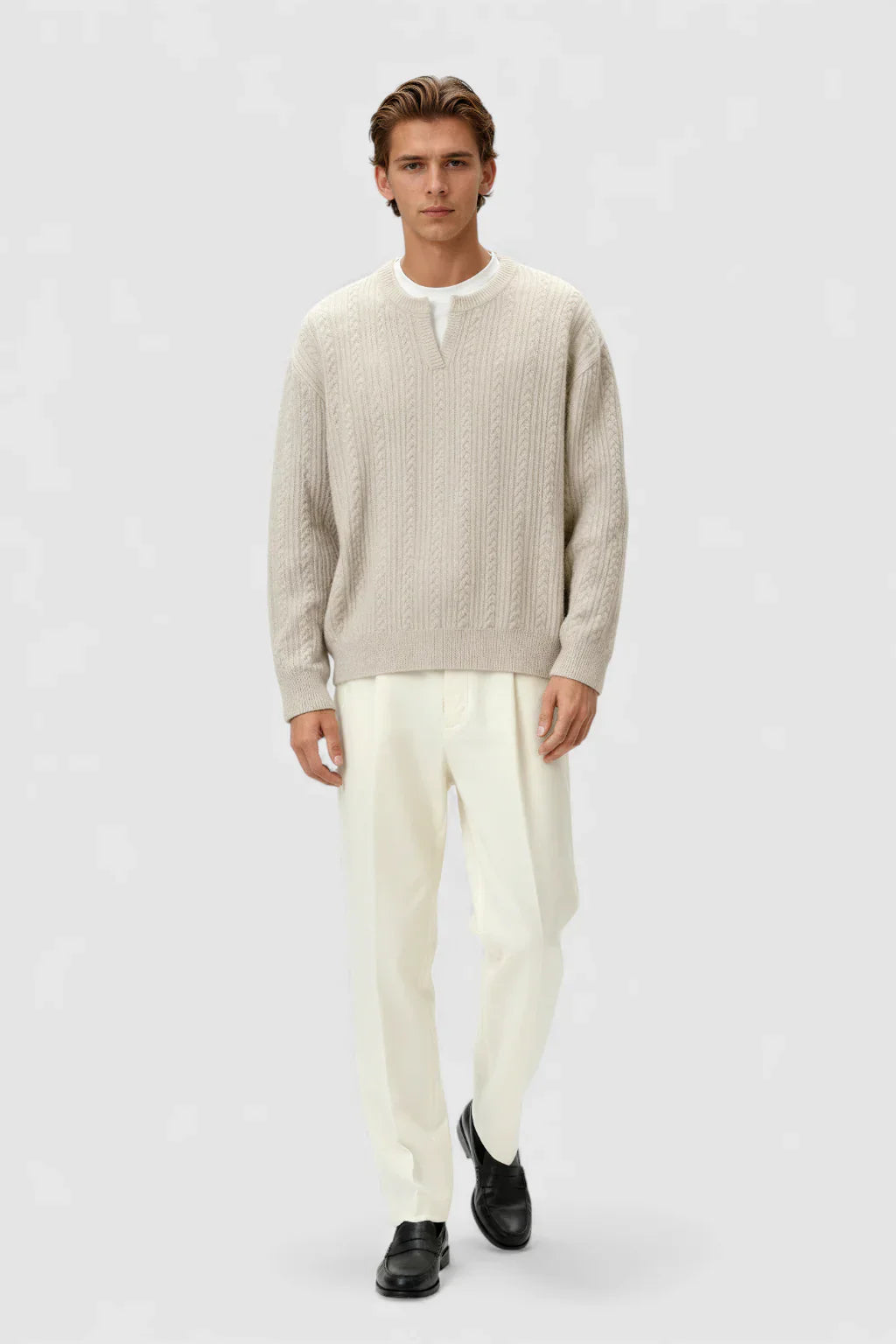 Men's Cable Knit Sweater met Klein V-Hals - Oatmeal