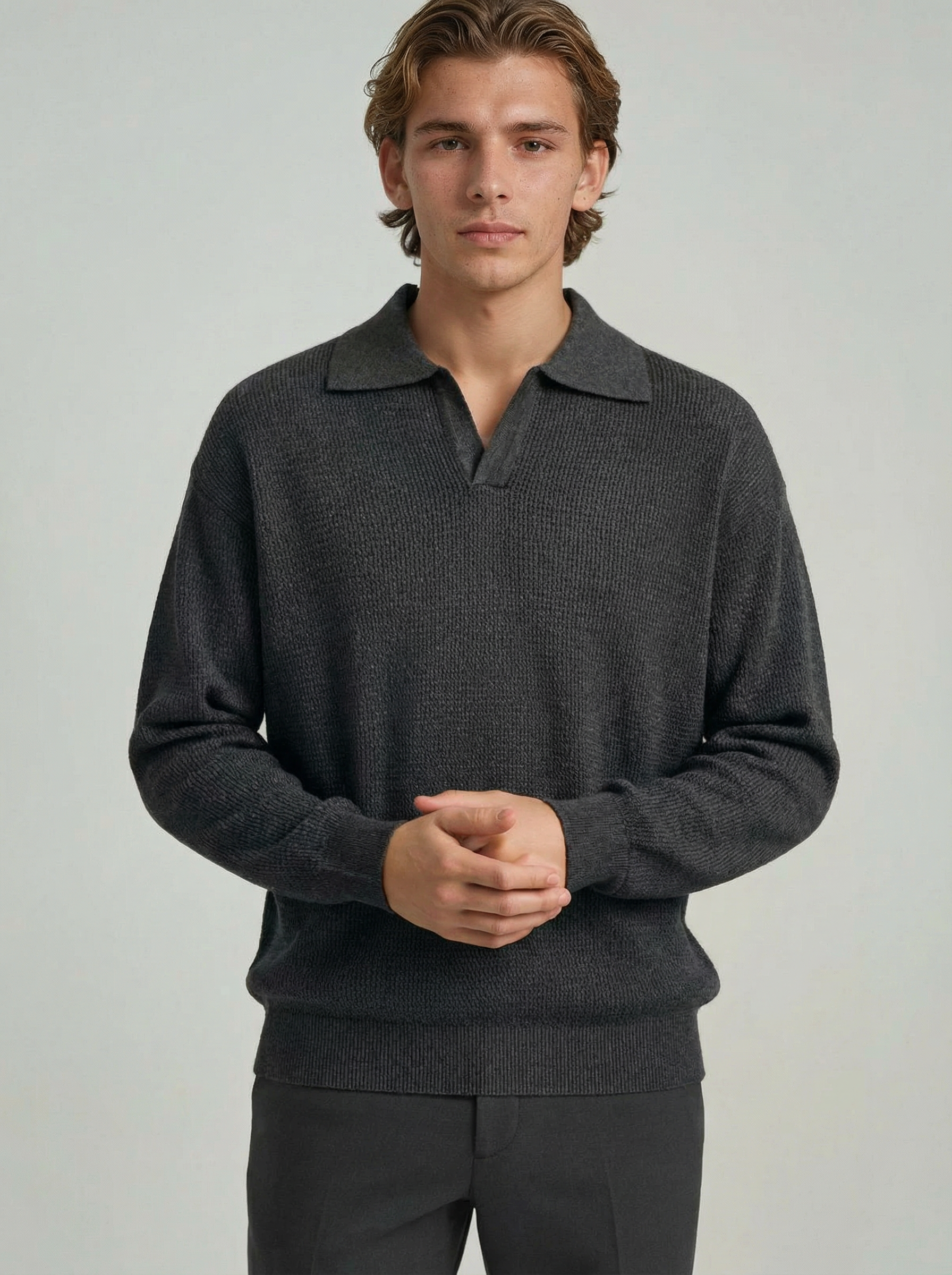 Men's Long Sleeve Knit Shirt met Lapel Collar