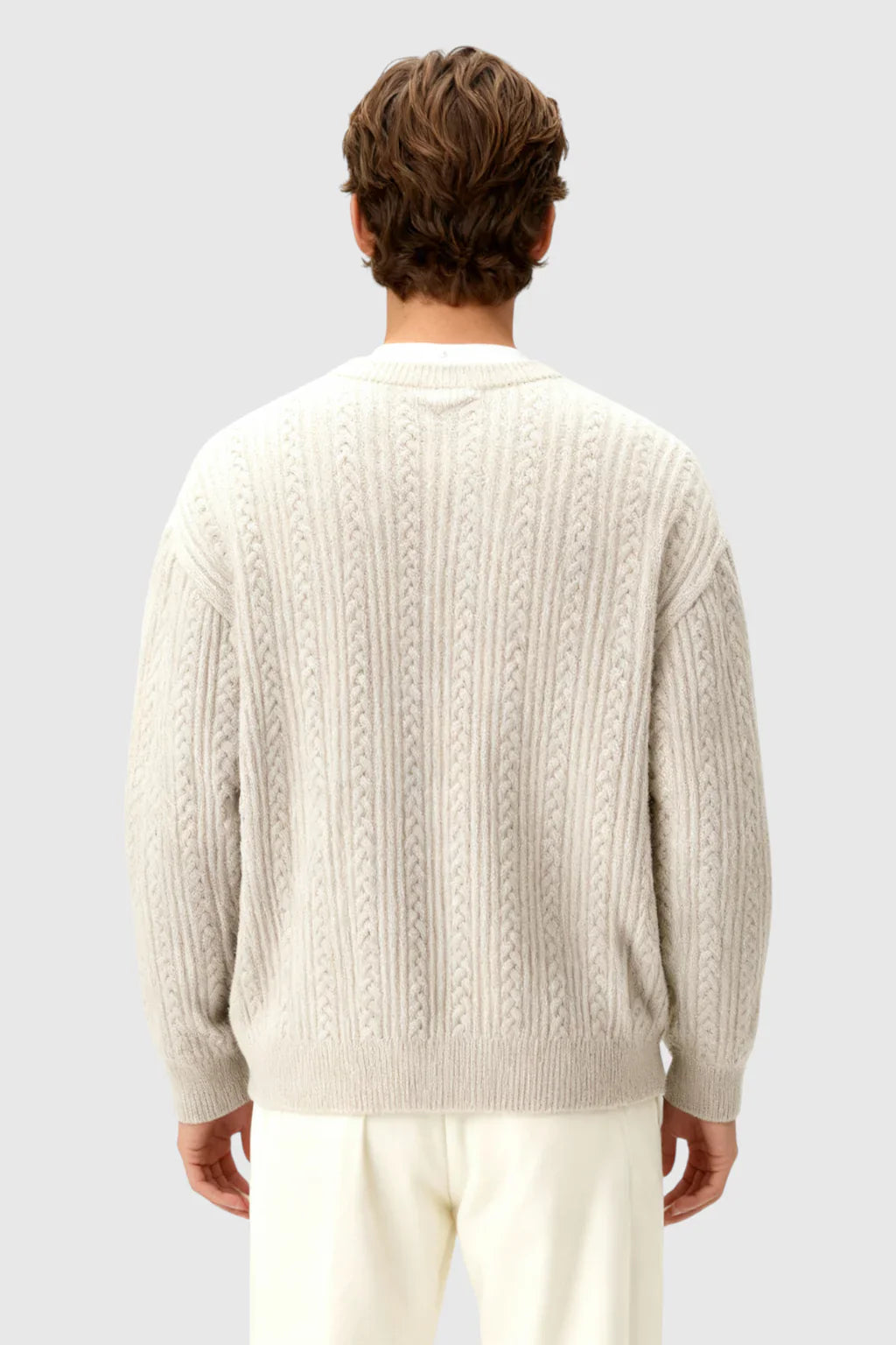 Men's Cable Knit Sweater met Klein V-Hals - Oatmeal