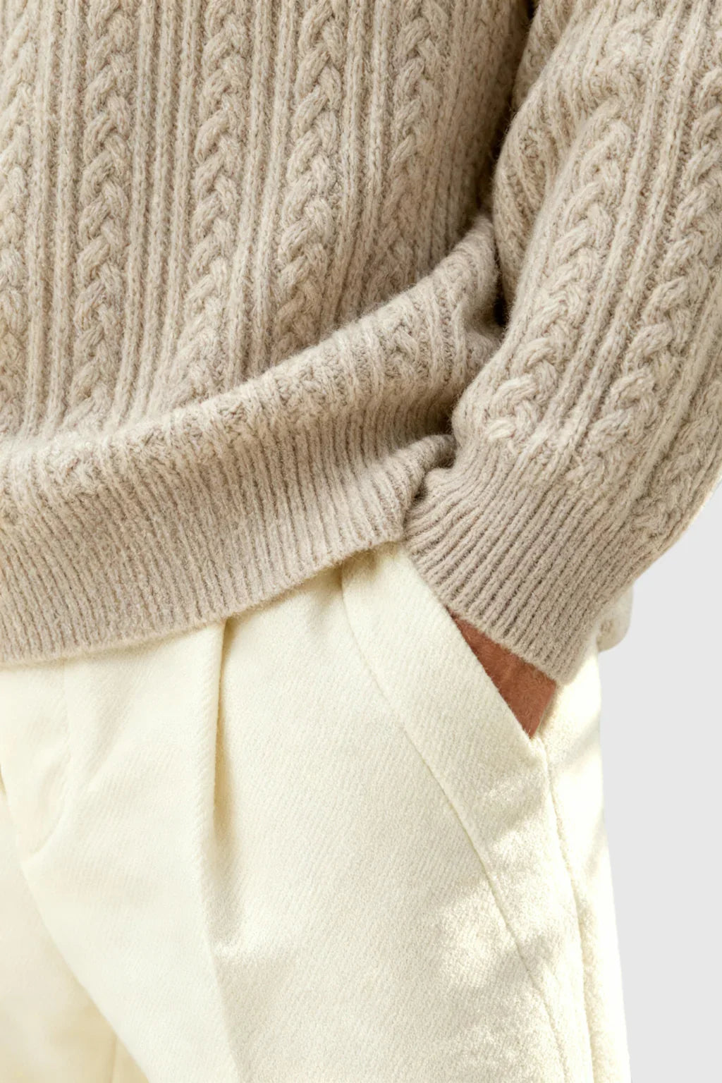 Men's Cable Knit Sweater met Klein V-Hals - Oatmeal