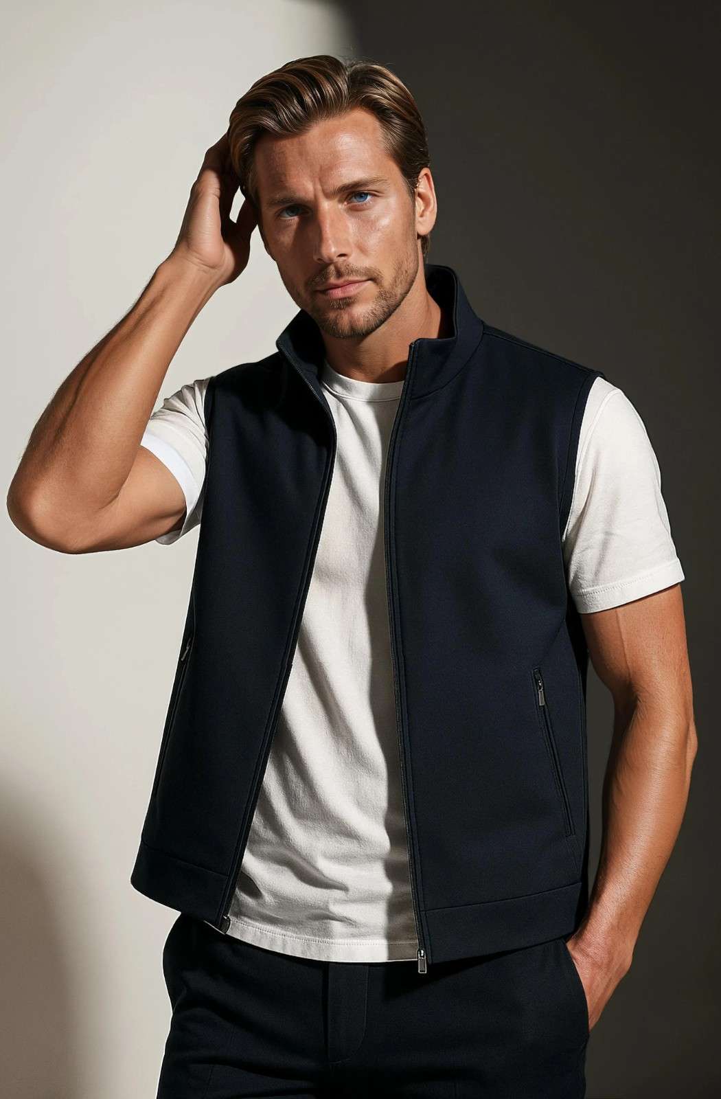 Casual Staande Collar Vest met Zip - Navy Blue