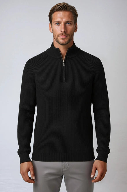 Men's Half-Zip Knit Sweater met Staande Kraag - Zwart