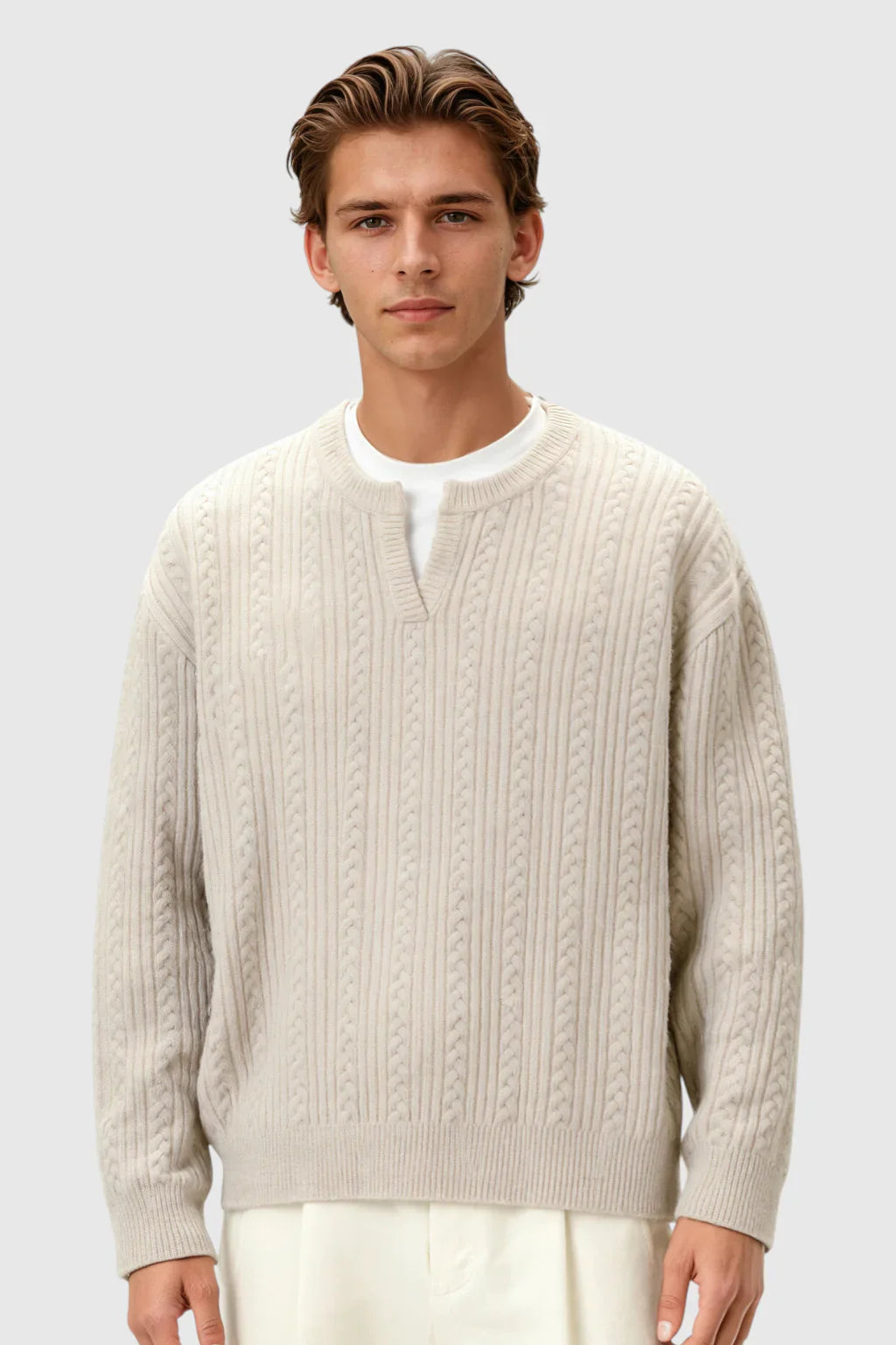 Men's Cable Knit Sweater met Klein V-Hals - Oatmeal