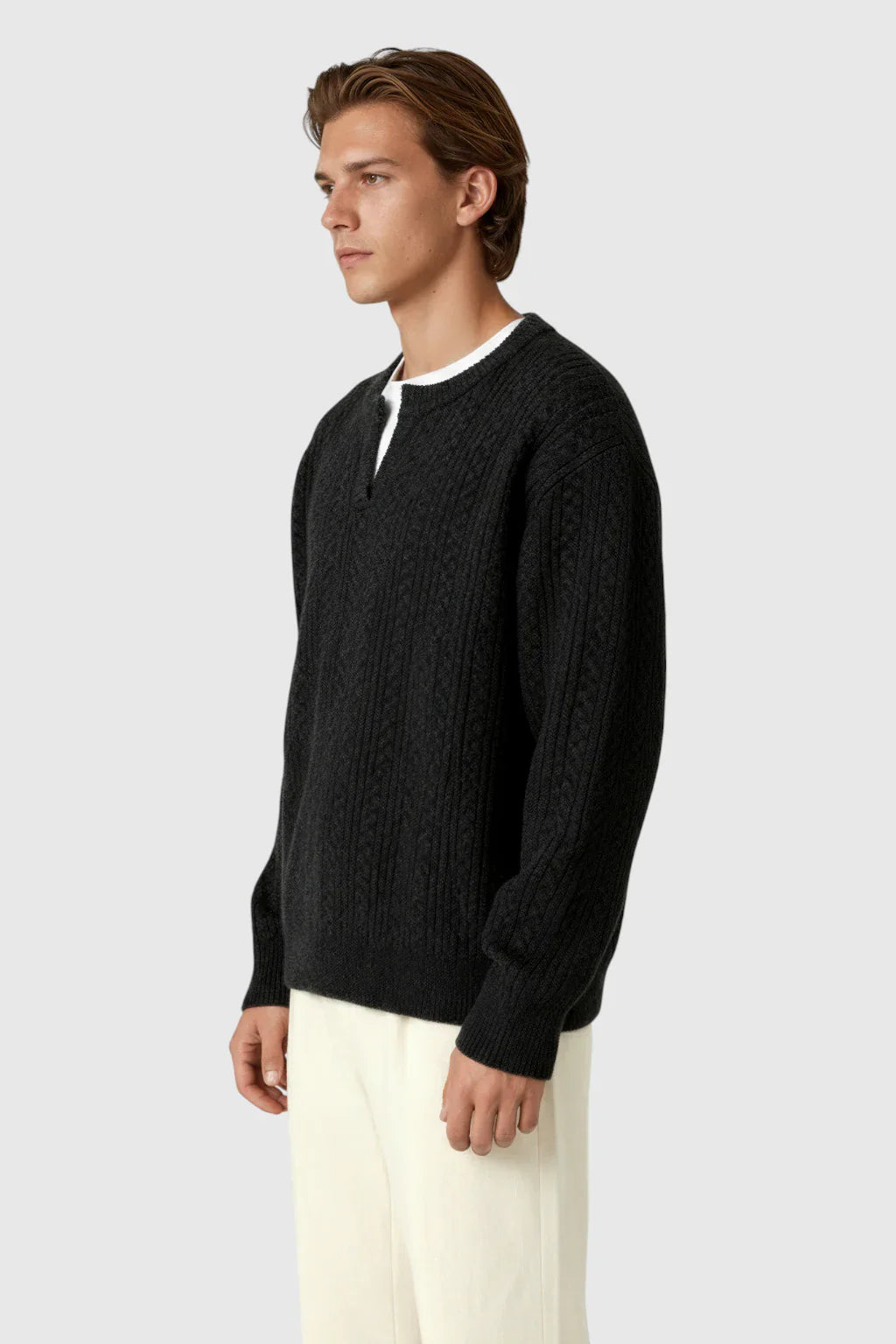 Men's Cable Knit Sweater met Klein V-Hals - Black