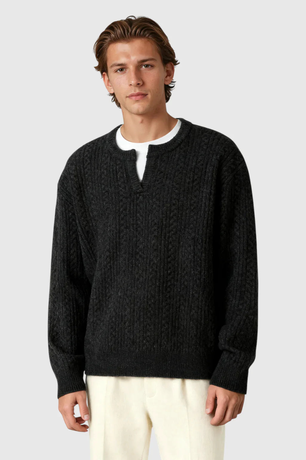 Men's Cable Knit Sweater met Klein V-Hals - Black
