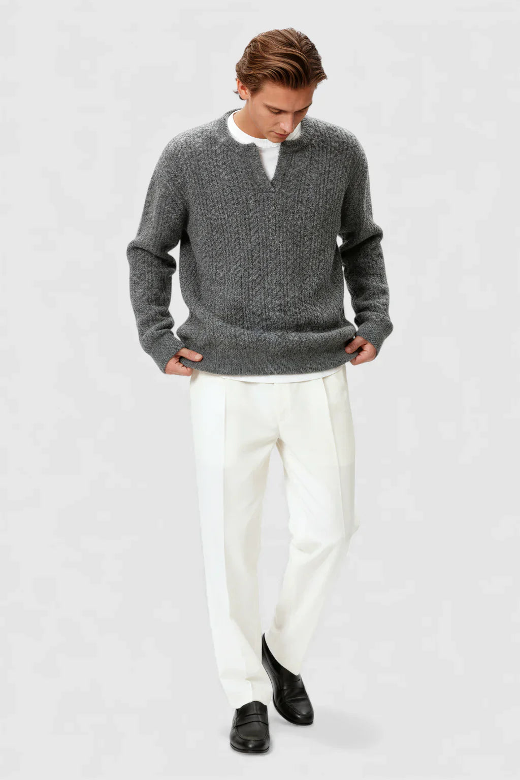 Men's Cable Knit Sweater met Klein V-Hals - Grey
