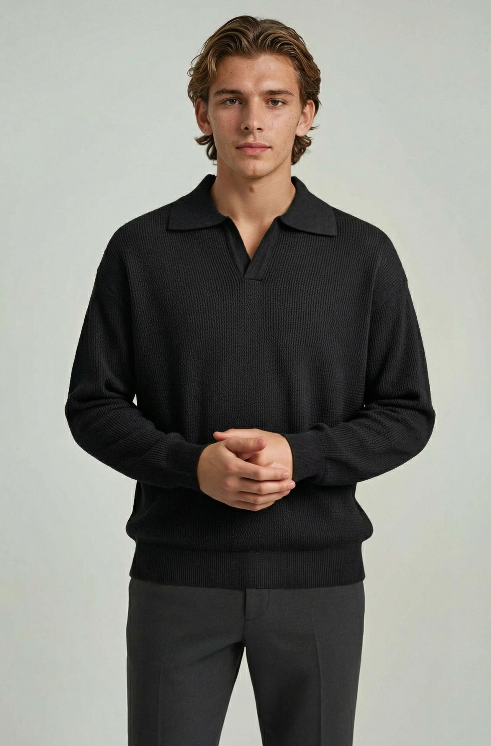 Men's Long Sleeve Knit Shirt met Lapel Collar